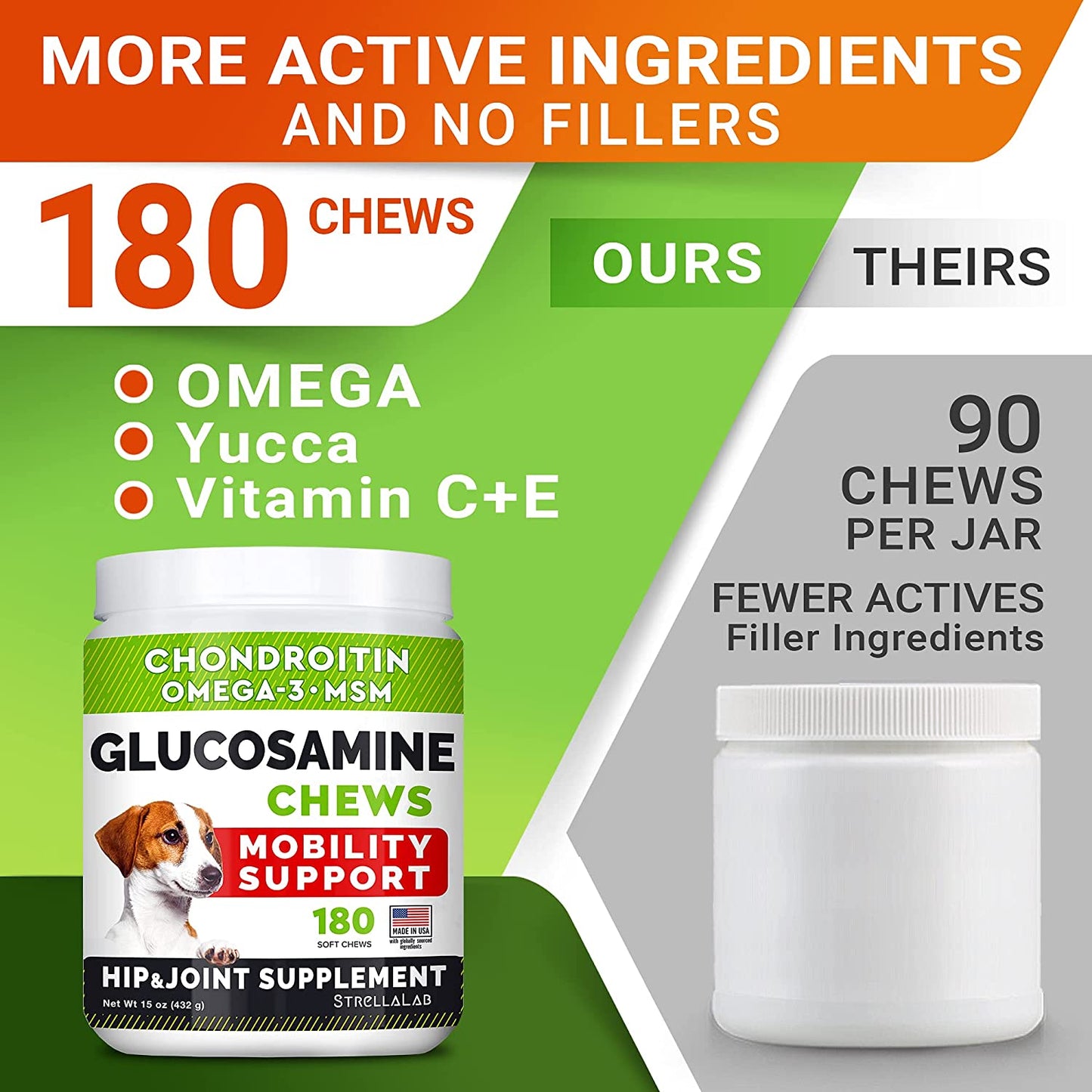 Glucosamine Joint Supplement Treats for Dogs - Advanced Mobility Chews with Omega-3 Fish Oil, Chondroitin & MSM - Hip & Joint Care for Dogs of All Sizes - Chicken Flavor - 180 Soft Chews - Made in USA