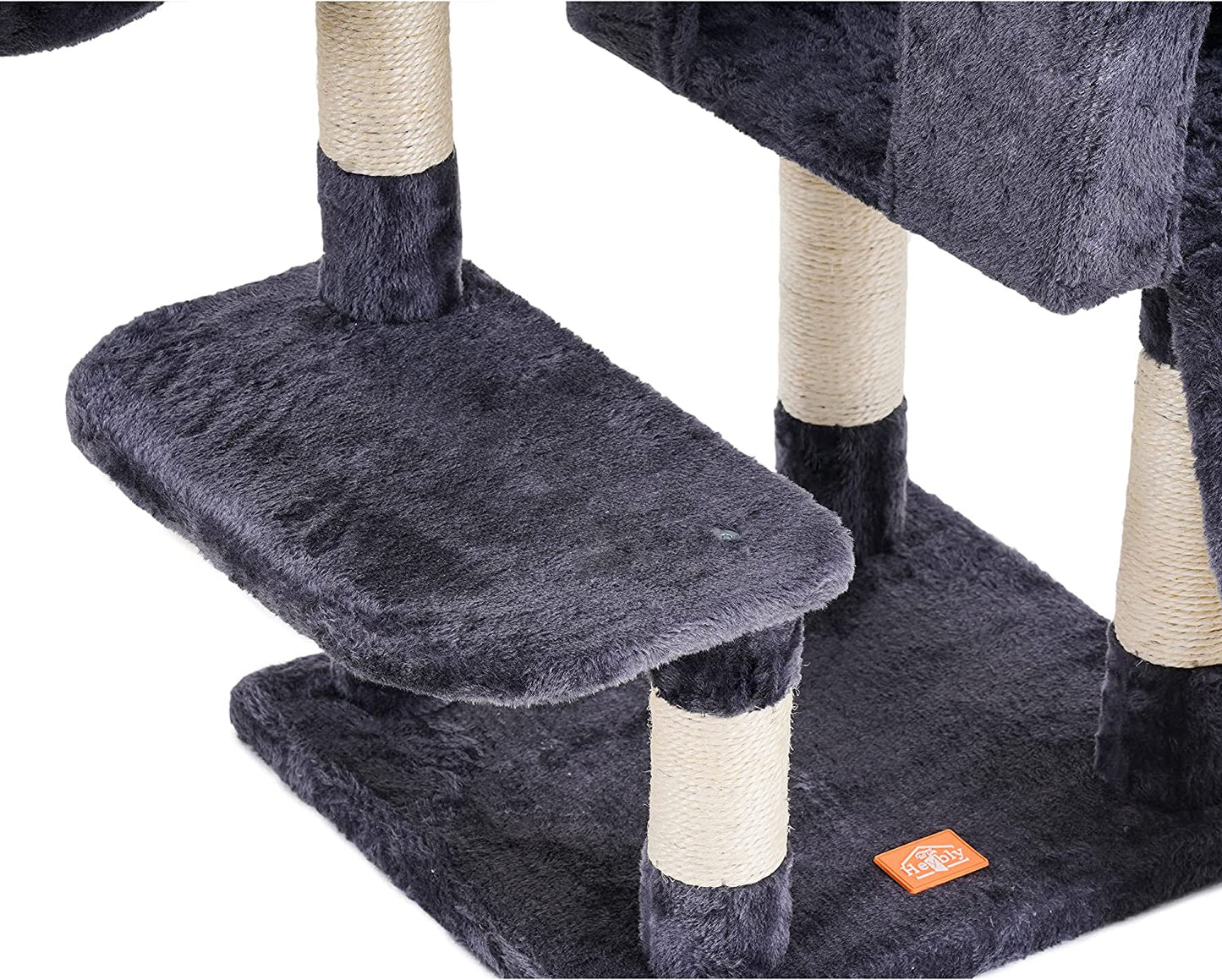 Heybly Multi-Level Cat Tree with Scratching Board & Feeding Bowl - Indoor Cat Furniture Condo with Hanging Basket - Smoky Gray