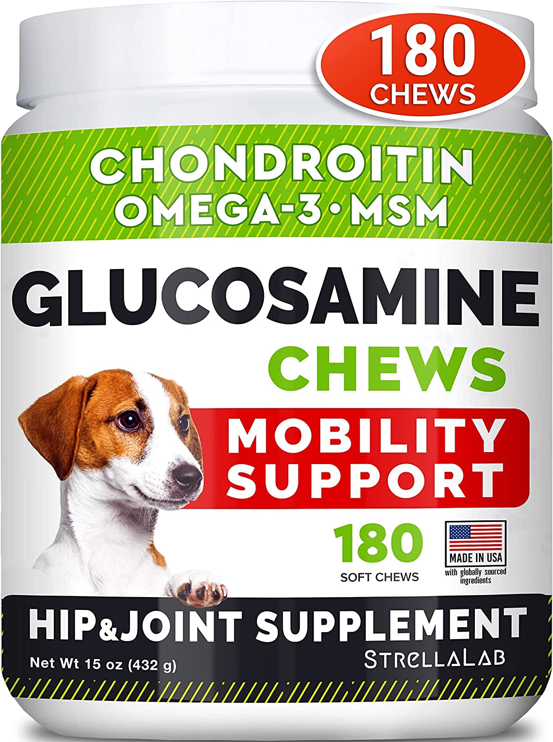 Glucosamine Joint Supplement Treats for Dogs - Advanced Mobility Chews with Omega-3 Fish Oil, Chondroitin & MSM - Hip & Joint Care for Dogs of All Sizes - Chicken Flavor - 180 Soft Chews - Made in USA