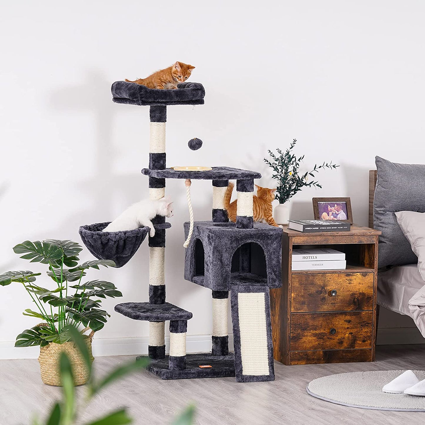 Heybly Multi-Level Cat Tree with Scratching Board & Feeding Bowl - Indoor Cat Furniture Condo with Hanging Basket - Smoky Gray