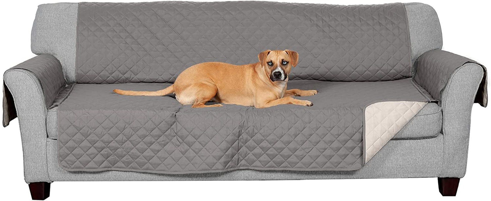 Water-Resistant & Reversible Sofa Cover for Dogs, Cats & Kids - Two-Tone Pinsonic Quilted Furniture Protector, Gray/Mist, Large Sofa (70" Base Width)