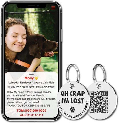 Stainless Steel QR Code Pet ID Tag - Instant Location Alerts, Free Online Pet Profile, Customizable Info, No Subscription Fees, 1.18 Inch (Grey)