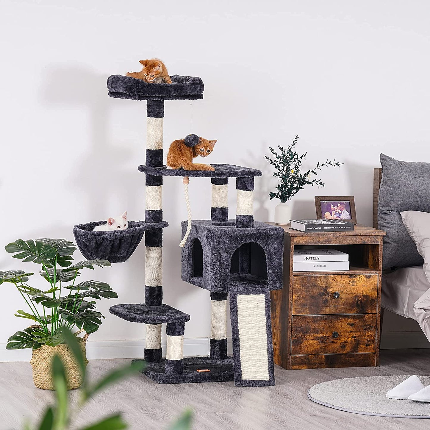 Heybly Multi-Level Cat Tree with Scratching Board & Feeding Bowl - Indoor Cat Furniture Condo with Hanging Basket - Smoky Gray