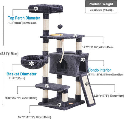 Heybly Multi-Level Cat Tree with Scratching Board & Feeding Bowl - Indoor Cat Furniture Condo with Hanging Basket - Smoky Gray