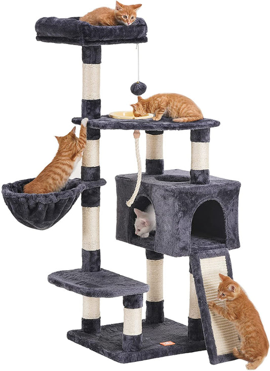 Heybly Multi-Level Cat Tree with Scratching Board & Feeding Bowl - Indoor Cat Furniture Condo with Hanging Basket - Smoky Gray