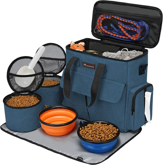 Airline-Approved Dog Travel Bag - Weekend Pet Travel Set with 2 Food Containers, 2 Collapsible Bowls, Feeding Mat & Multi-Function Pockets, Blue