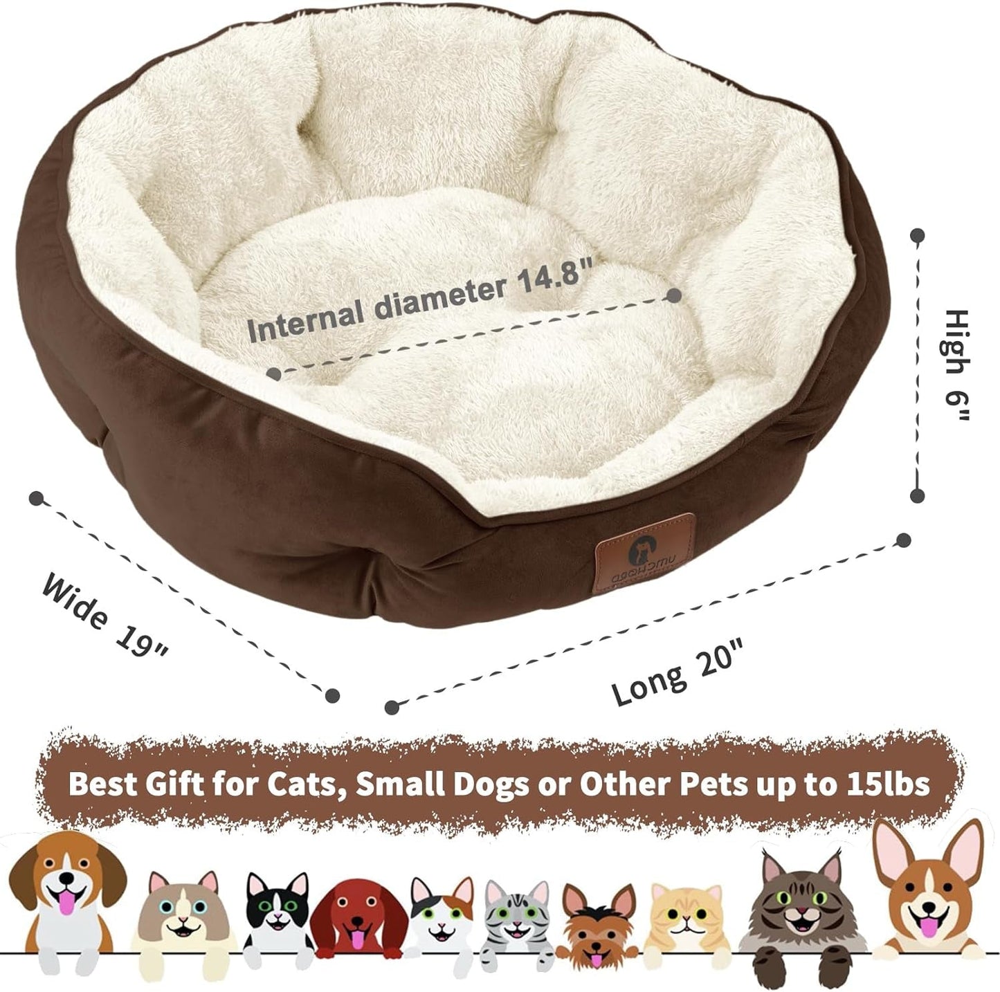 Small Dog Bed for Small Dogs & Cats - Extra Soft Sherpa Fleece Pet Bed with Anti-Slip, Water-Resistant Bottom, Machine Washable, Brown, 20 Inches