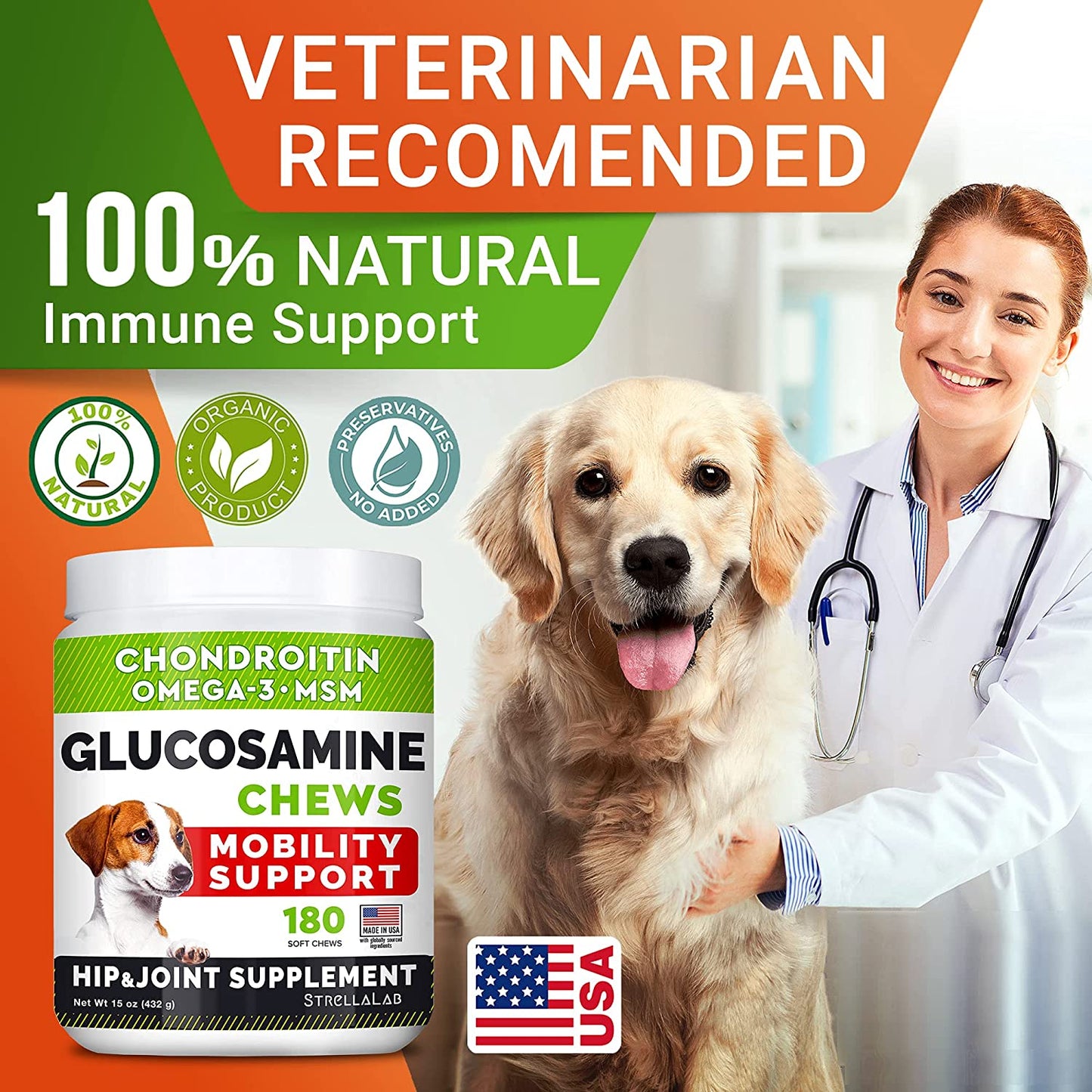 Glucosamine Joint Supplement Treats for Dogs - Advanced Mobility Chews with Omega-3 Fish Oil, Chondroitin & MSM - Hip & Joint Care for Dogs of All Sizes - Chicken Flavor - 180 Soft Chews - Made in USA