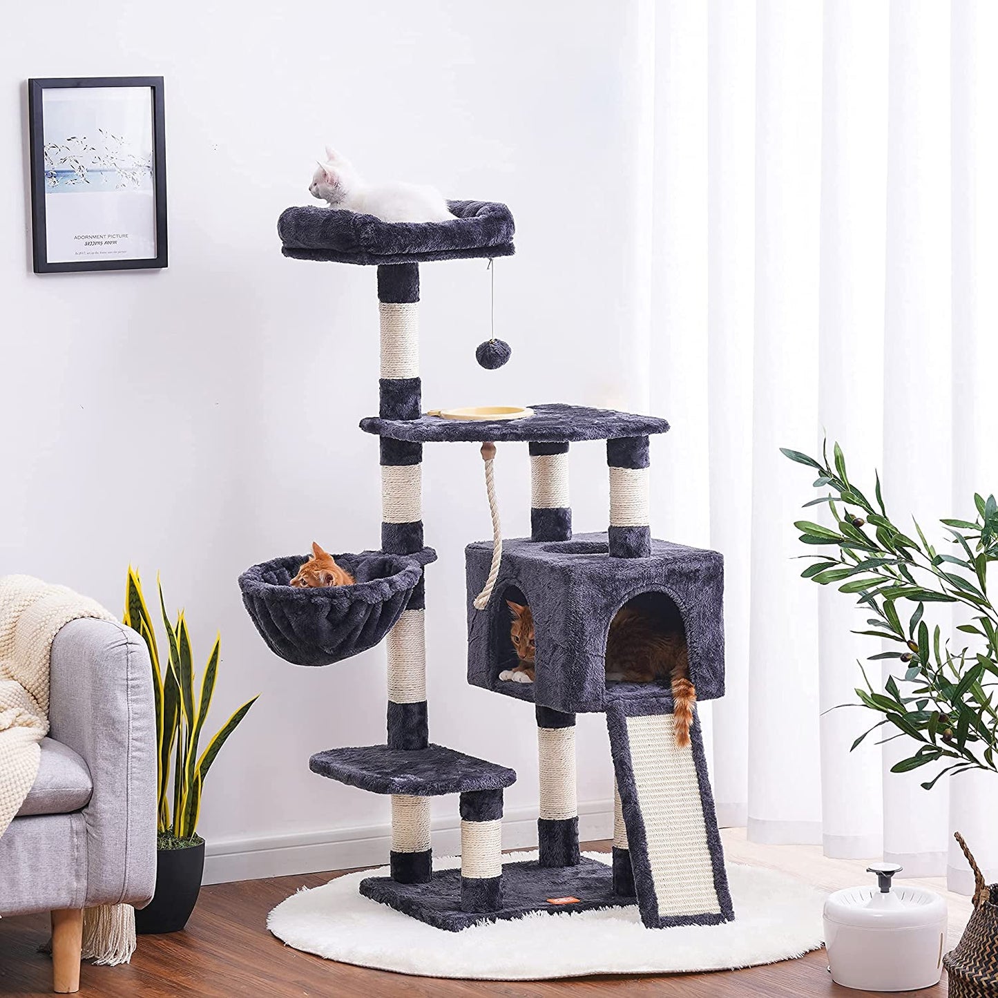 Heybly Multi-Level Cat Tree with Scratching Board & Feeding Bowl - Indoor Cat Furniture Condo with Hanging Basket - Smoky Gray