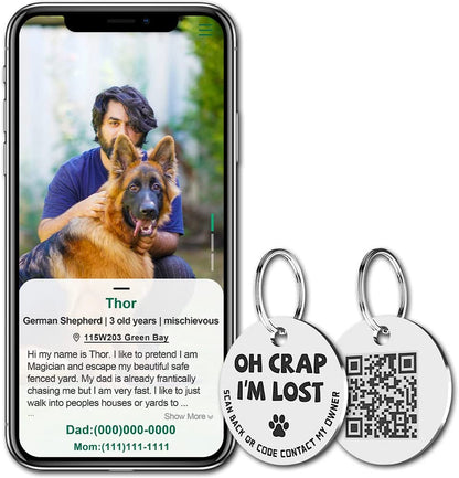 Stainless Steel QR Code Pet ID Tag - Instant Location Alerts, Free Online Pet Profile, Customizable Info, No Subscription Fees, 1.18 Inch (Grey)