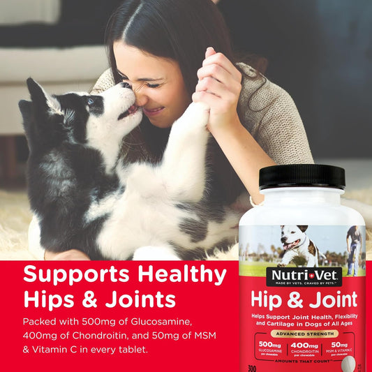 Advanced Strength Hip & Joint Chewable Dog Supplements - Glucosamine, Chondroitin, MSM & Hyaluronic Acid for Joint Health & Mobility - 300 Liver-Flavored Tablets