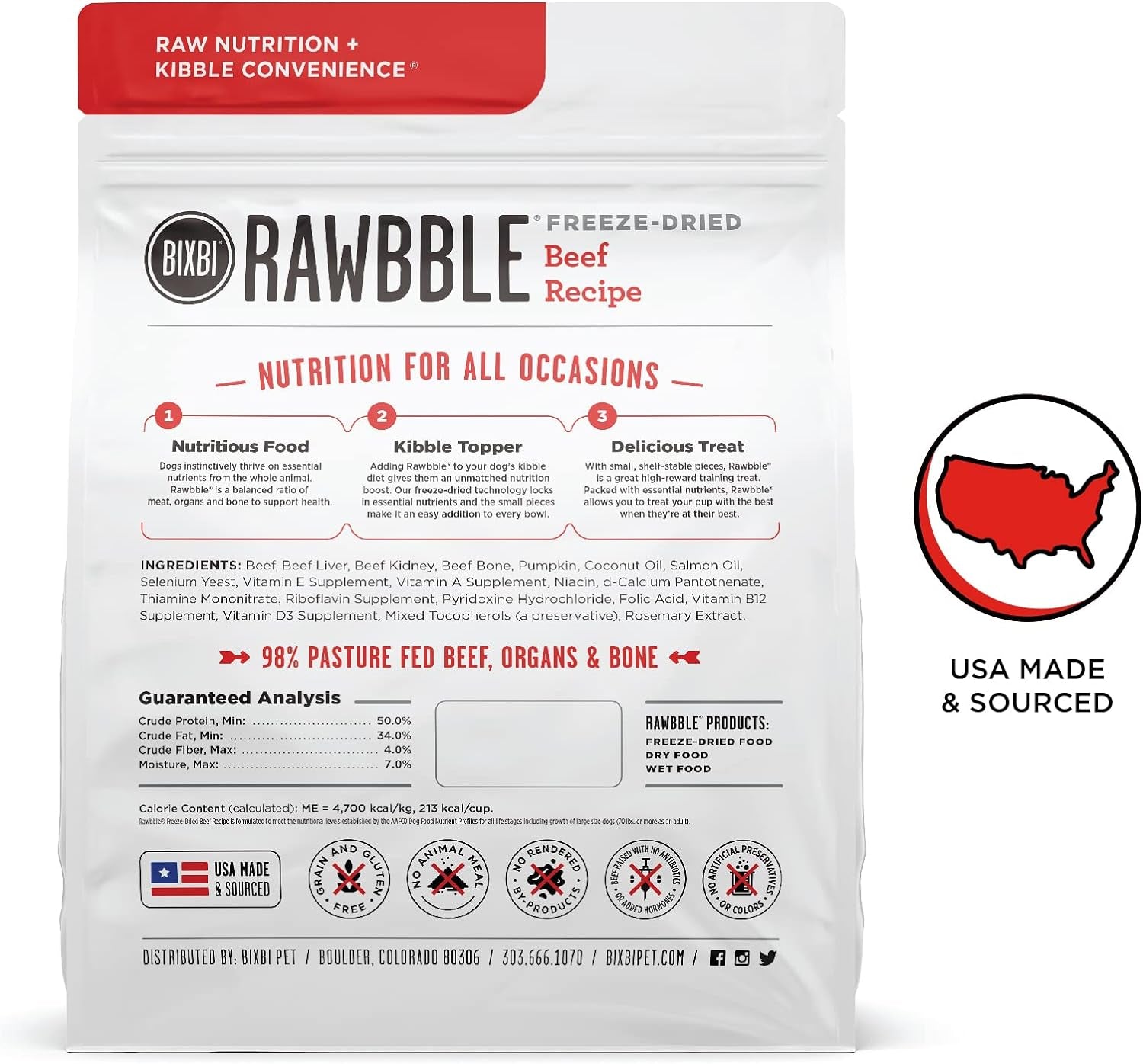 Rawbble Freeze-Dried Dog Food - Beef Recipe, 12 Oz | 98% Meat & Organs, No Fillers | Grain-Free, Gluten-Free Raw Dog Food for Meals, Treats, or Toppers | Made in USA