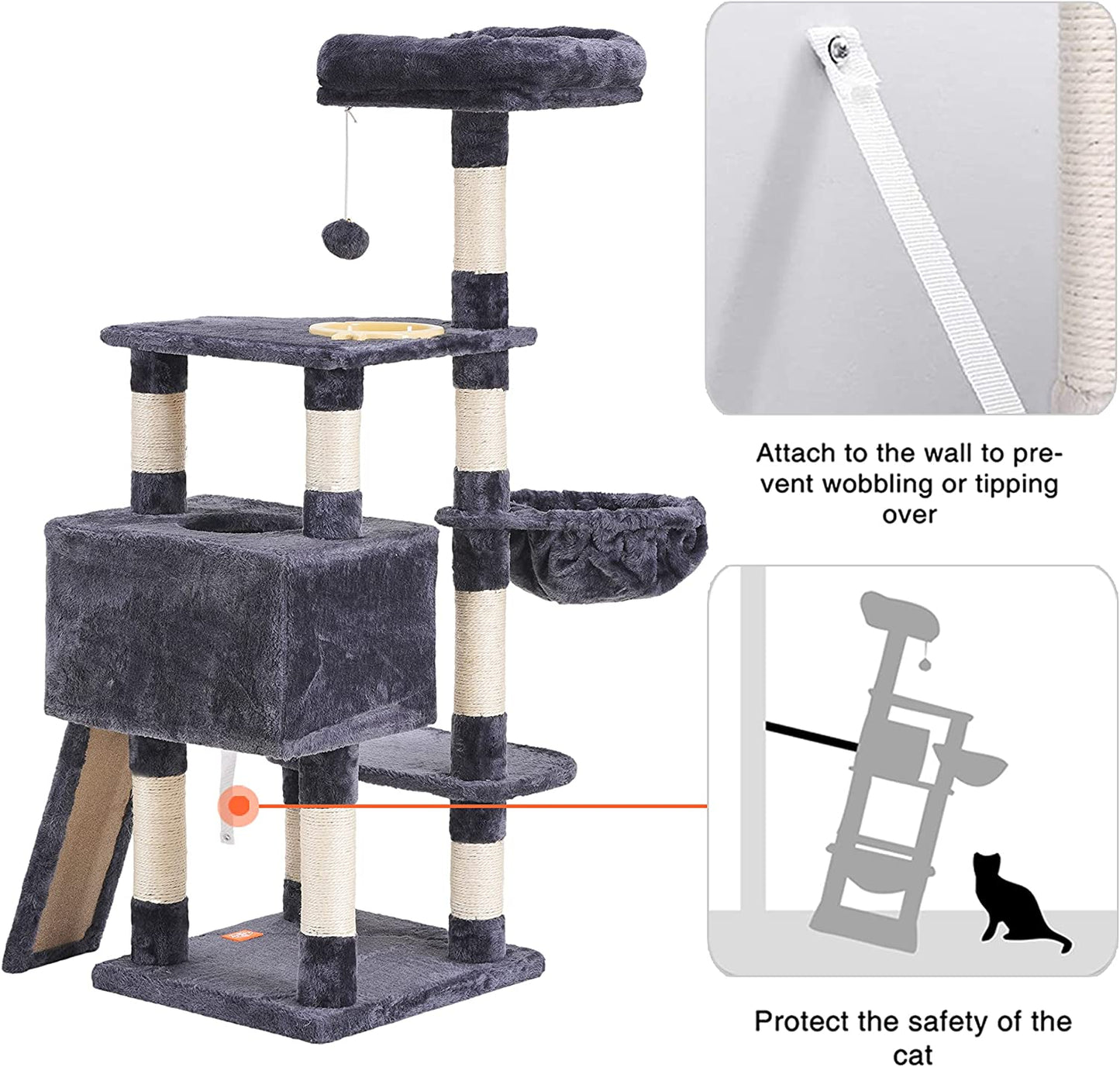 Heybly Multi-Level Cat Tree with Scratching Board & Feeding Bowl - Indoor Cat Furniture Condo with Hanging Basket - Smoky Gray