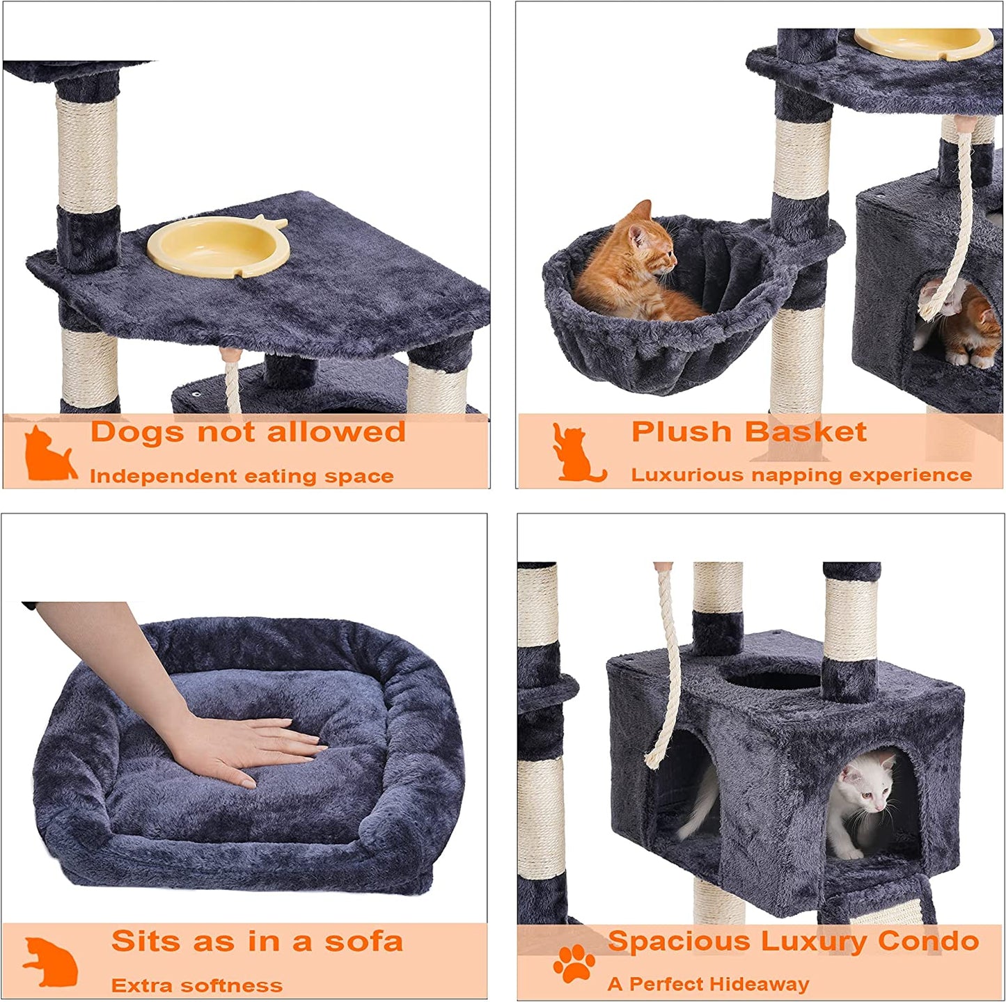 Heybly Multi-Level Cat Tree with Scratching Board & Feeding Bowl - Indoor Cat Furniture Condo with Hanging Basket - Smoky Gray