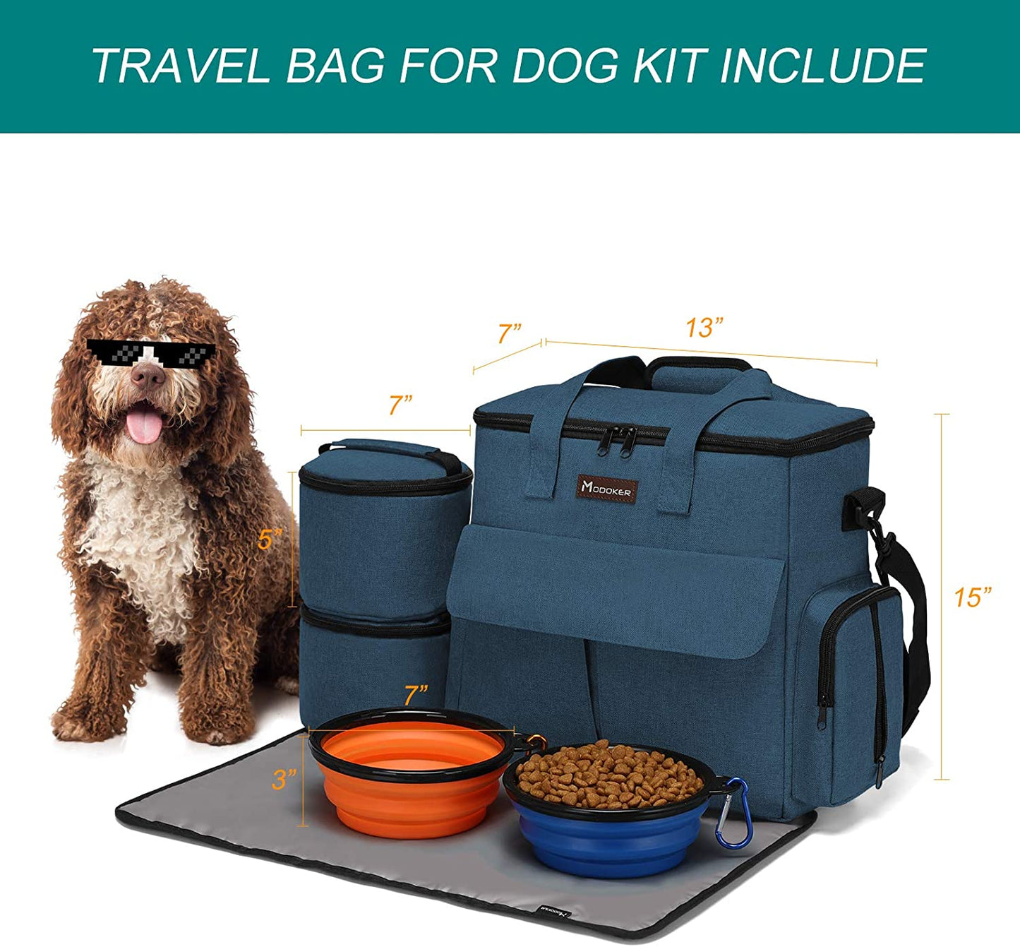 Airline-Approved Dog Travel Bag - Weekend Pet Travel Set with 2 Food Containers, 2 Collapsible Bowls, Feeding Mat & Multi-Function Pockets, Blue