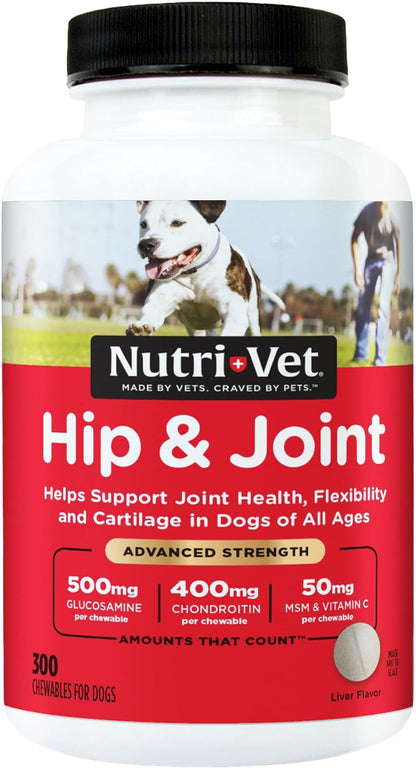 Advanced Strength Hip & Joint Chewable Dog Supplements - Glucosamine, Chondroitin, MSM & Hyaluronic Acid for Joint Health & Mobility - 300 Liver-Flavored Tablets
