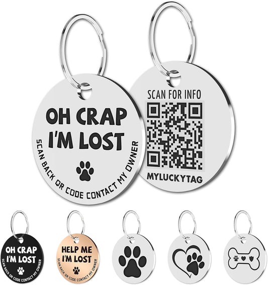 Stainless Steel QR Code Pet ID Tag - Instant Location Alerts, Free Online Pet Profile, Customizable Info, No Subscription Fees, 1.18 Inch (Grey)